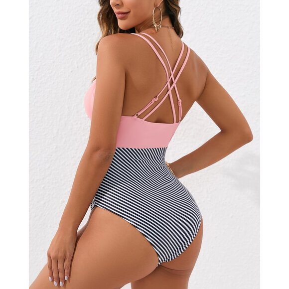 🆕Women’s Lotus Root Pink Polyamide Tummy Control V Neck Criss Cross Swimsuit - Picture 4 of 5